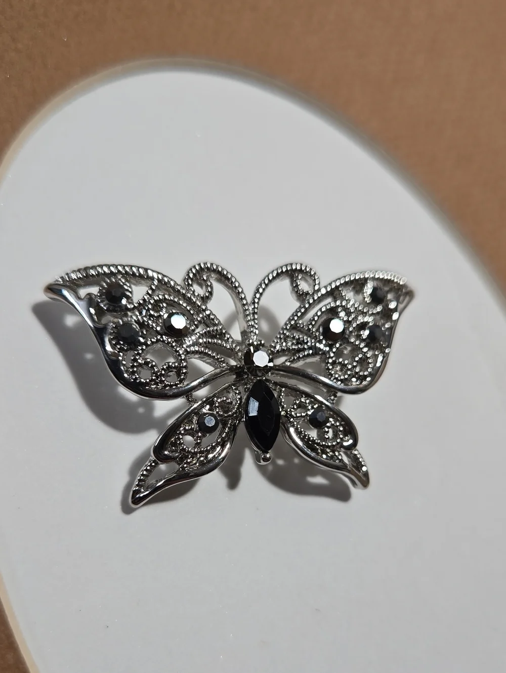 Vintage Silver Tone Butterfly Brooch with Black Stones